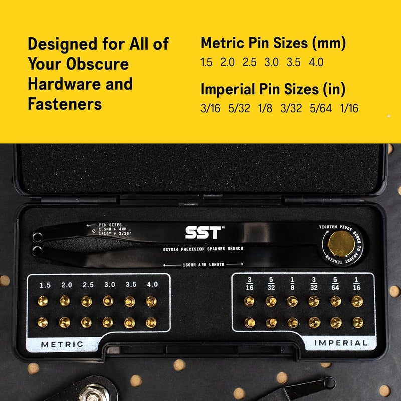 Stupid Simple Tools SST® - Precision Spanner Wrench – For Obscure Hardware & Fasteners – Includes 12 Metric & Imperial Steel Pin Sizes – Adjustable Tension – 160mm Arm – 180° Movement – With Storage Case - Image 2